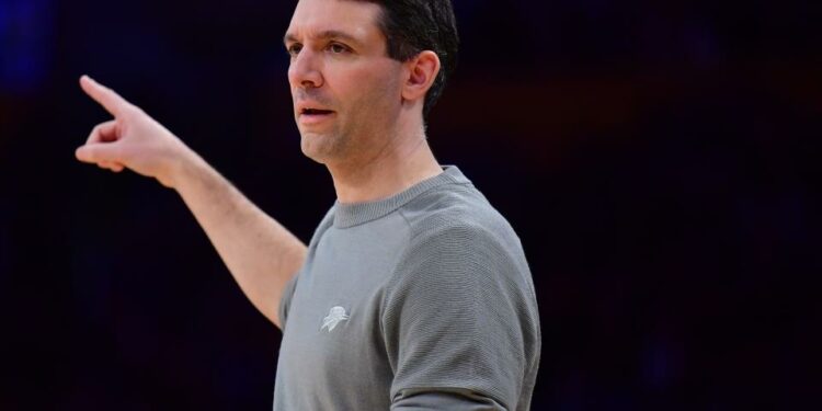 Mar 4, 2024; Los Angeles, California, USA; Oklahoma City Thunder head coach Mark Daigneault watches game action against the Los Angeles Lakers during the first half at Crypto.com Arena. Mandatory Credit: Gary A. Vasquez-USA TODAY Sports