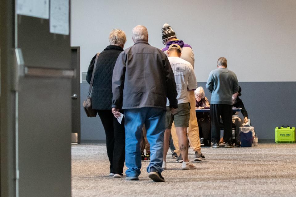 Voters wait in line at Covenant Church in Buckingham during last year's Election Day on Tuesday, Nov. 7, 2023.