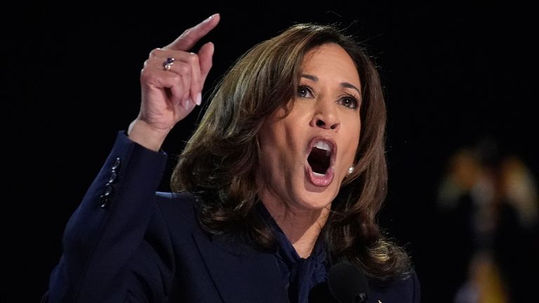 Democratic presidential nominee Vice President Kamala Harris speaks during the Democratic National Convention Thursday, Aug. 22, 2024, in Chicago. (AP Photo/Brynn Anderson)