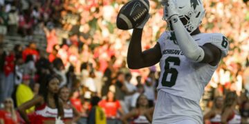 Sep 7, 2024; College Park, Maryland, USA; *Michigan State Spartans wide receiver Nick Marsh (6) celebrates after scoring a touchdown during the second half against the Maryland Terrapins at SECU Stadium. Mandatory Credit: Tommy Gilligan-Imagn Images