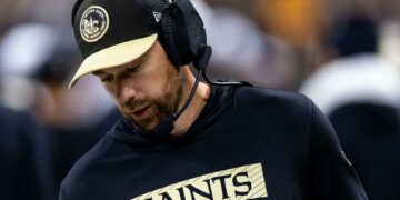 Aug 25, 2024; New Orleans, Louisiana, USA; New Orleans Saints offensive coordinator Klint Kubiak pacing the sidelines against the Tennessee Titans during the first half at Caesars Superdome. Mandatory Credit: Stephen Lew-USA TODAY Sports