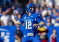 Kentucky quarterback Brock Vandagriff (12), who spent his first three college seasons as a backup at Georgia, will lead UK vs. the No. 1 Bulldogs on Saturday at Kroger Field.