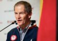 Gene Sykes, U.S. Olympic and Paralympic Committee board chair, speaks at a press conference with the International Olympic Committee’s Future Host Commission, IOC and U.S. Olympic & Paralympic leaders during their visit to Salt Lake City to tour proposed venues for the 2034 Games at Edison House in Salt Lake City on April 13.