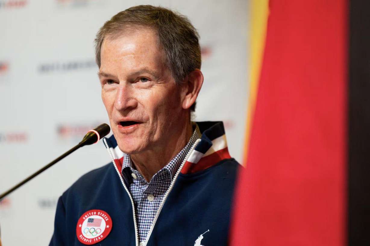 Gene Sykes, U.S. Olympic and Paralympic Committee board chair, speaks at a press conference with the International Olympic Committee’s Future Host Commission, IOC and U.S. Olympic & Paralympic leaders during their visit to Salt Lake City to tour proposed venues for the 2034 Games at Edison House in Salt Lake City on April 13.