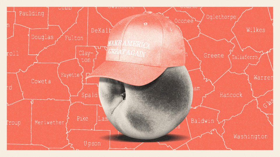  Illustration of a peach wearing a MAGA baseball cap in front of a Georgia counties map. 