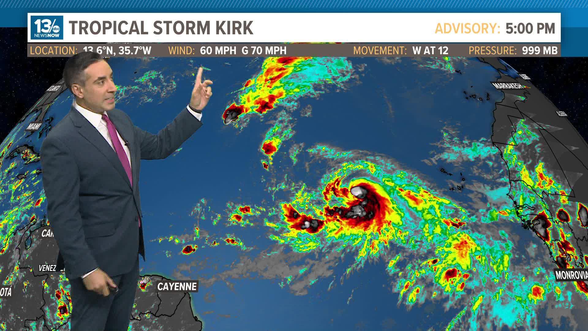 - Tropical Storm Kirk intensifies as it heads towards the Caribbean