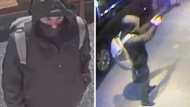 Suspect's Image Collage: Left - Man in ​hooded jacket; Right - Individual with firearm.